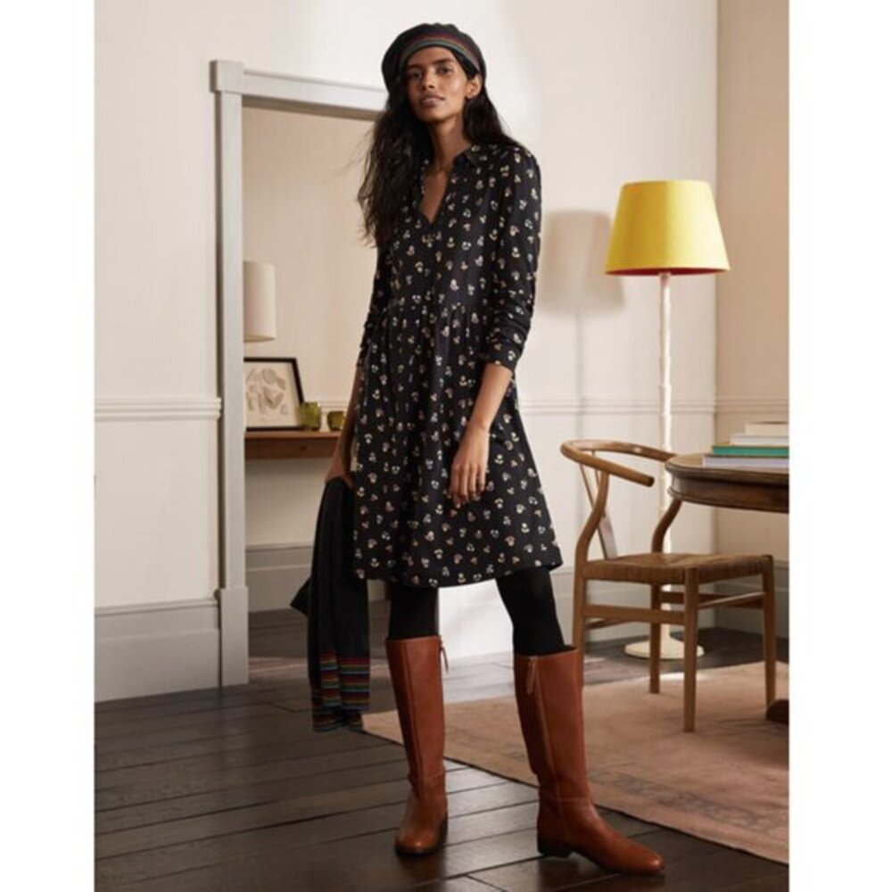 Boden 'Alma' Lon Sleeve Floral Jersey Shirt Dress in Black/Multi Size 12 Regular